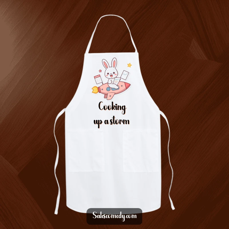 Funny Rabbit Rocket Sales Apron: A rabbit in a rocket with a sales chart, ready for culinary success, a funny gift.