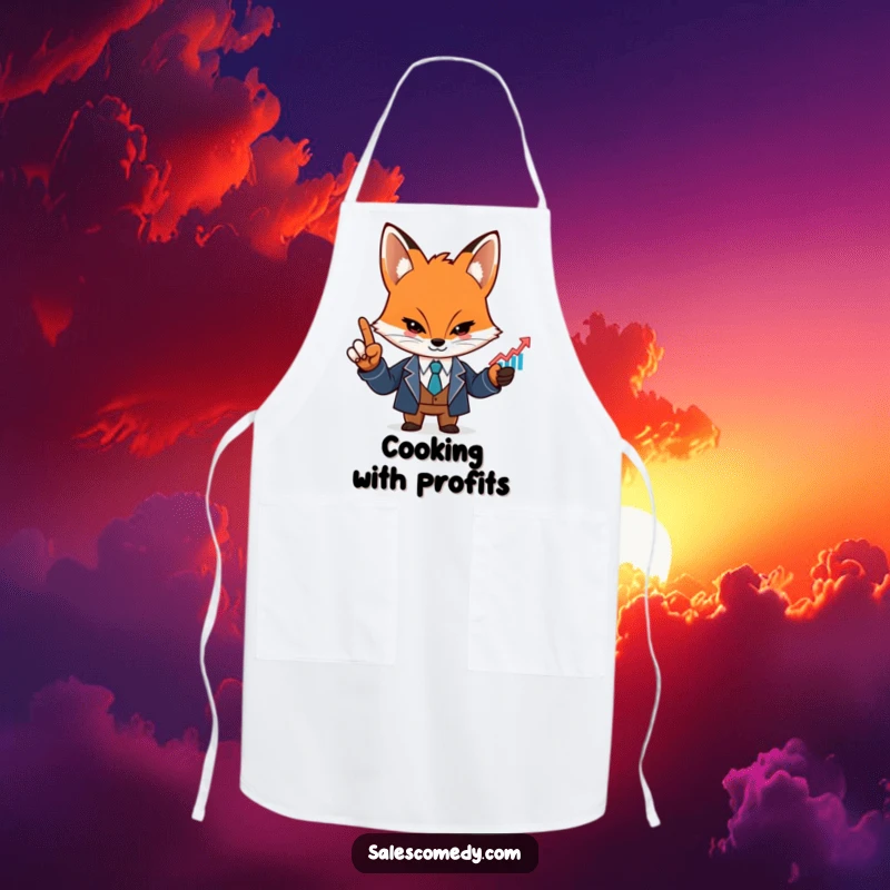 A funny fox in a suit and chef's hat points at a rising graph icon while cooking in the kitchen.