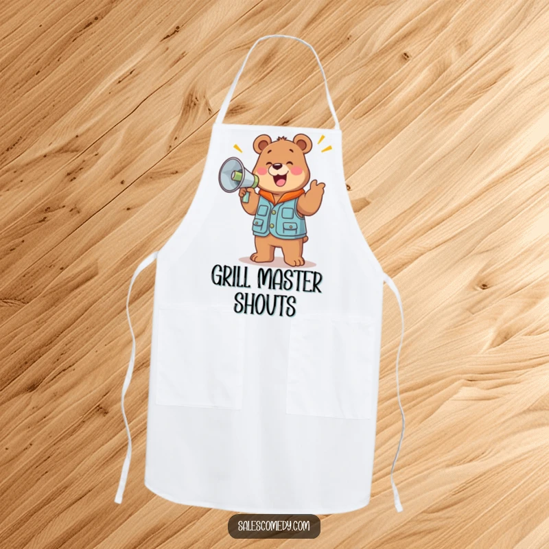 A funny, jolly bear wearing a chef's hat and sales vest holds a large megaphone and cheers while cooking.