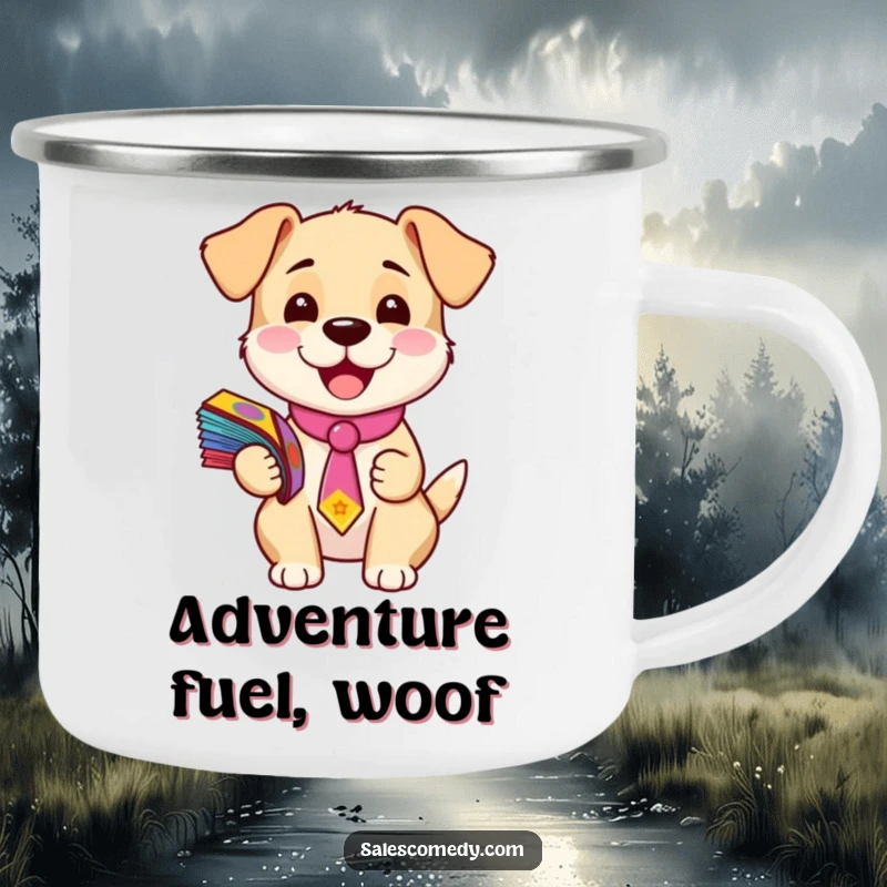 Funny camping mug featuring a smiling puppy in a tie, holding a stack of flyers, ready for campfire stories and laughter.