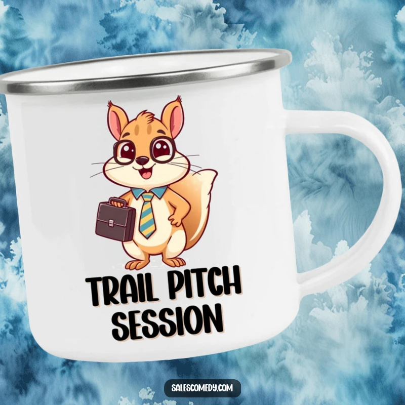 A funny, busy squirrel in a tie holds a briefcase and makes a sales pitch by a campfire.