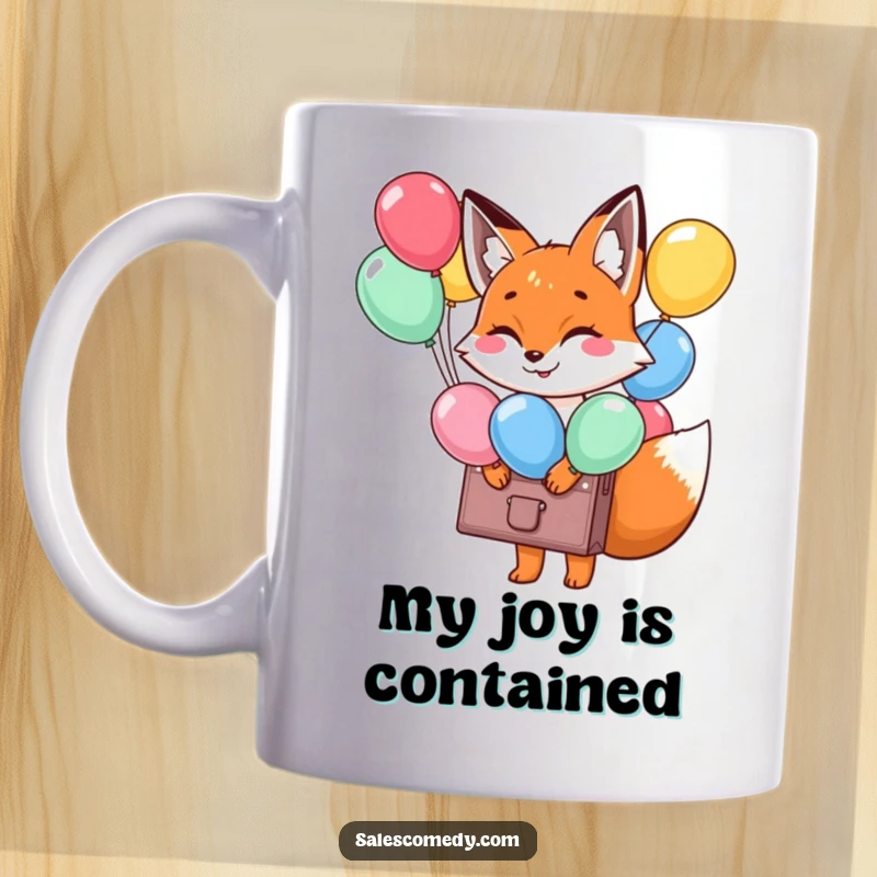 Funny Fox Balloon Briefcase Mug: A smiling fox carries a briefcase brimming with colorful balloons, spreading happiness, a perfect funny gift.
