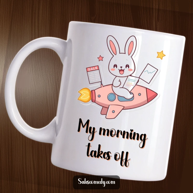 Funny Rabbit Rocket Sales Mug: A cheerful rabbit rides a rocket with a rising sales chart, signifying business success, a funny gift.