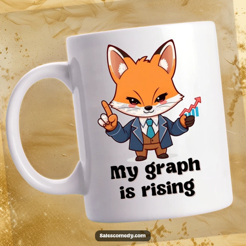 A determined, funny fox in a sharp suit points decisively at a rising graph icon, exuding business acumen.