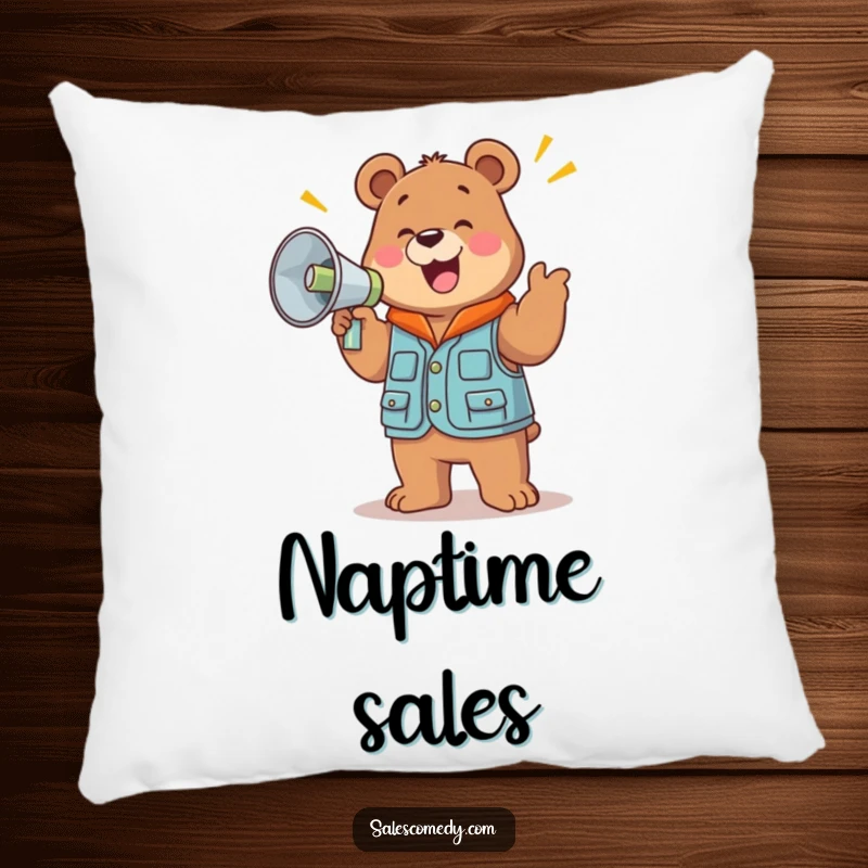 A soft, funny pillow featuring a jolly bear in a sales vest holding a large megaphone and cheering.