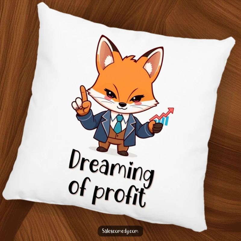 A soft, funny pillow featuring a determined fox in a sharp suit pointing at a rising graph icon.