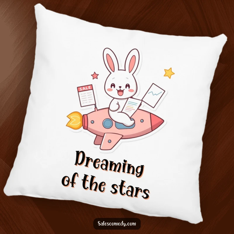 Funny Rabbit Rocket Sales Pillow: A rabbit in a rocket with a sales chart, offering comfort and motivation, an excellent funny gift.