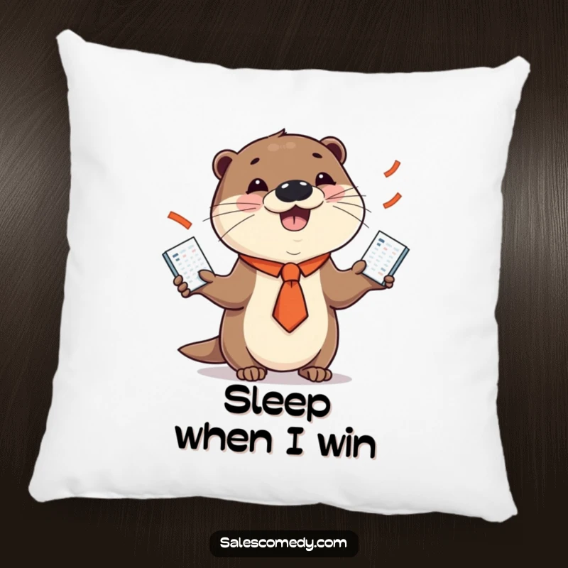 Funny pillow featuring a smiling otter in a necktie juggling sales charts, offering a humorous and comfortable decor accent.