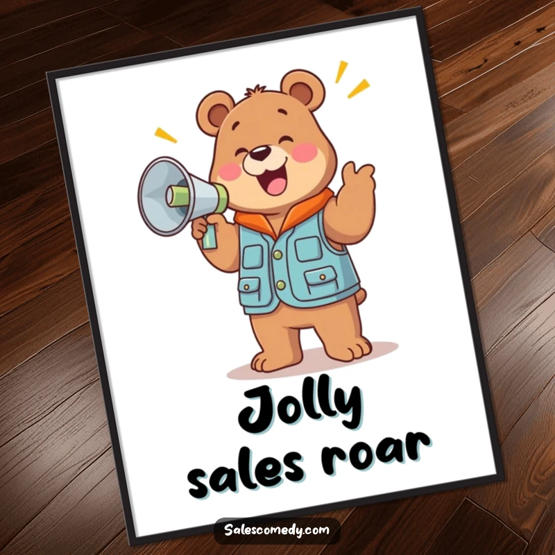 Digital art print of a funny, jolly bear in a sales vest holding a large megaphone and cheering loudly.