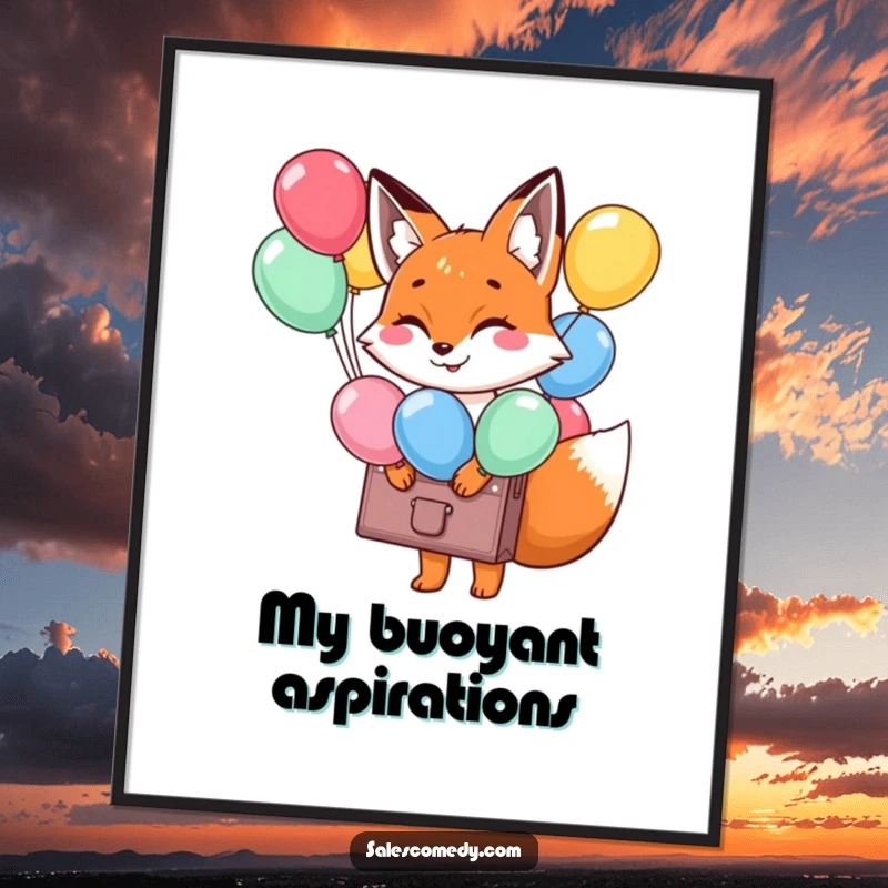 Funny Fox Balloon Briefcase Digital Art Print: A smiling fox with a briefcase of balloons, radiating happiness, an instant funny gift.