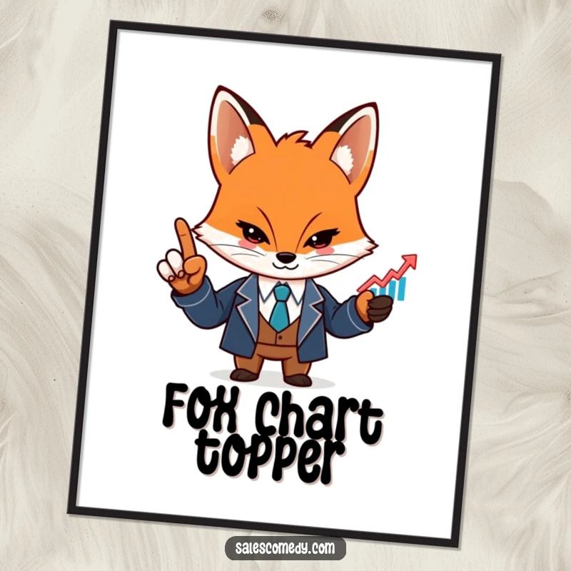 Digital art print of a funny, determined fox in a sharp suit pointing at a rising graph icon.