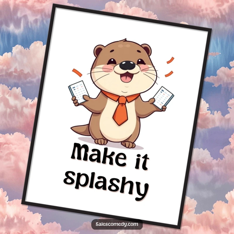 Funny digital art print of a smiling otter in a necktie juggling sales charts, perfect for adding business humor and charm.