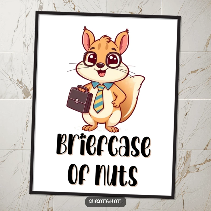 Digital art print of a funny, busy squirrel in a tie holding a briefcase and making an animated sales pitch.