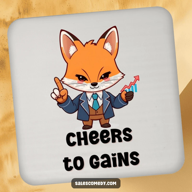 A funny, determined fox in a sharp suit points at a rising graph icon on this protective drink coaster.