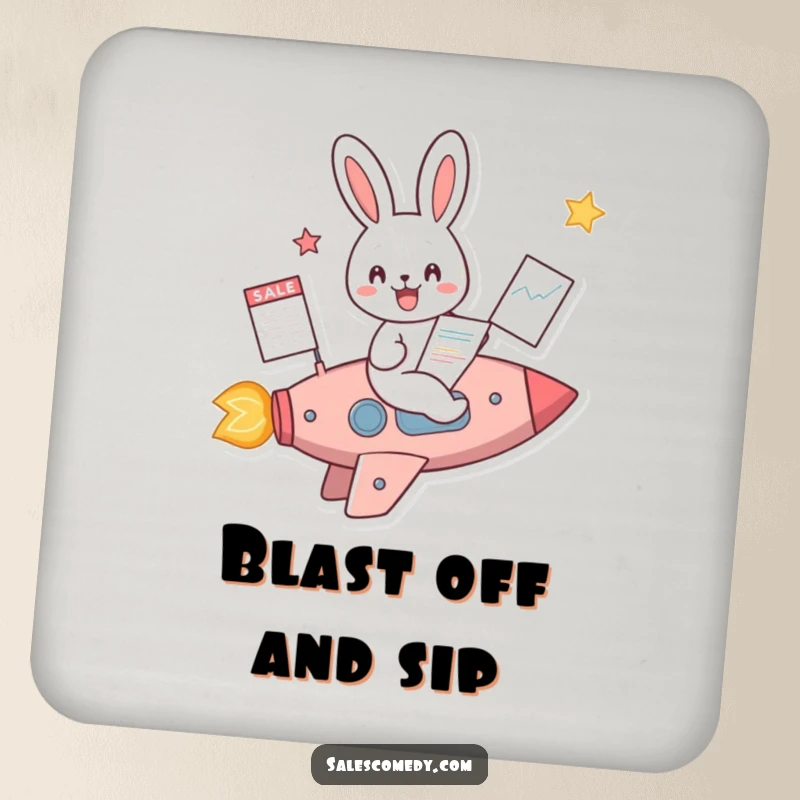 Funny Rabbit Rocket Sales Coaster: A rabbit in a rocket with a sales chart, bringing inspiration and protection, a funny gift.