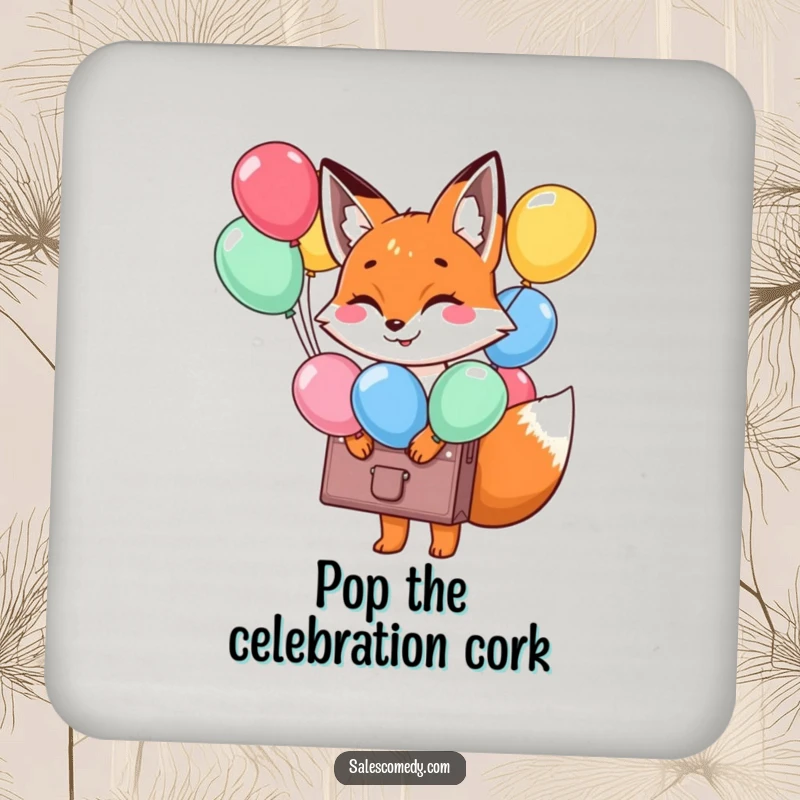 Funny Fox Balloon Briefcase Coaster: A smiling fox with a briefcase of balloons, bringing joy and protection, a funny gift.