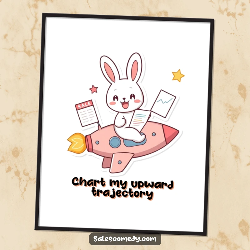 Funny Rabbit Rocket Sales Poster: A rabbit in a rocket with a rising sales chart, signifying business ascent, a hilarious funny gift.