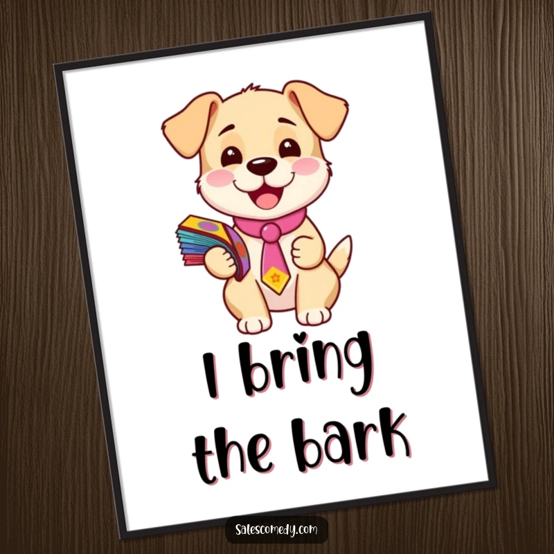 Funny poster showcasing a happy puppy in a tie, holding a stack of colorful flyers, perfect for adding whimsical charm to any wall.