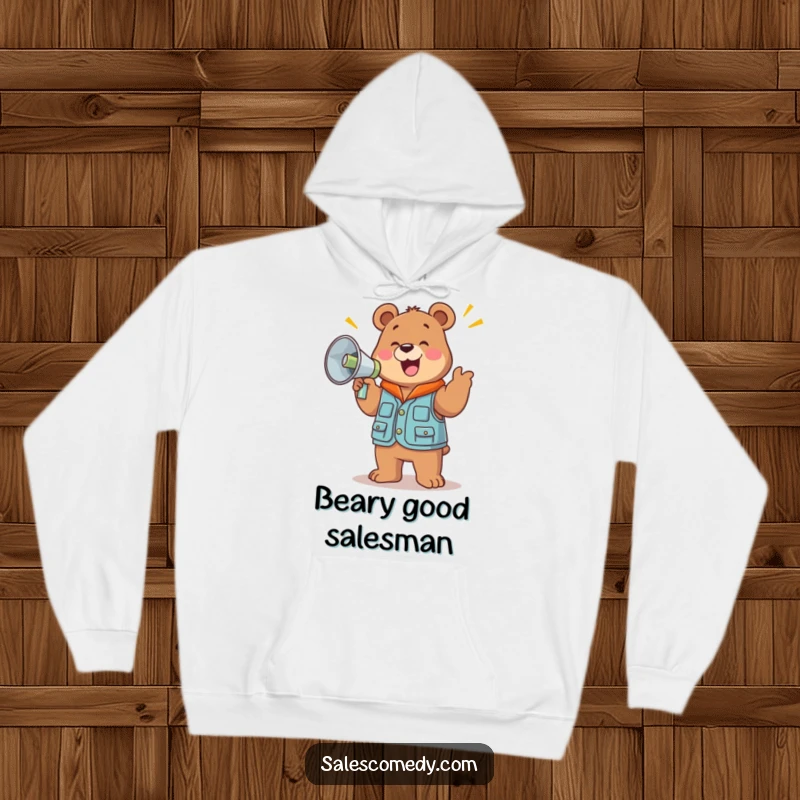 A jolly, funny bear in a sales vest is depicted holding a large megaphone and cheering with great enthusiasm.