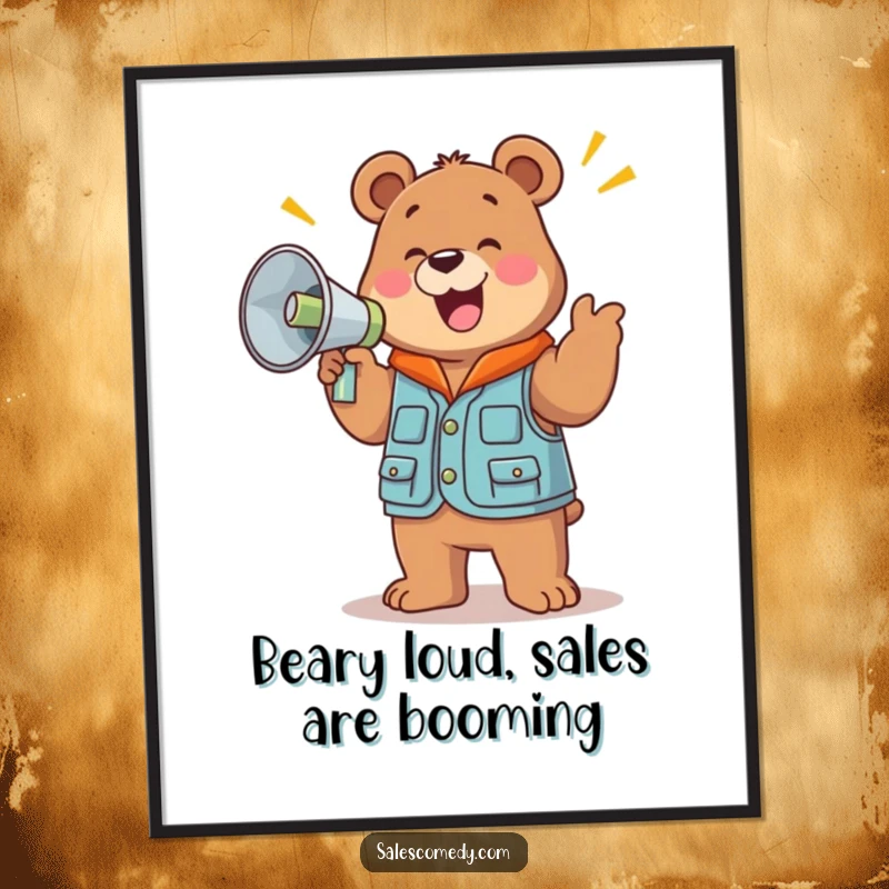 Funny free printable wall art of a jolly bear in a sales vest, holding a large megaphone and cheering with excitement.