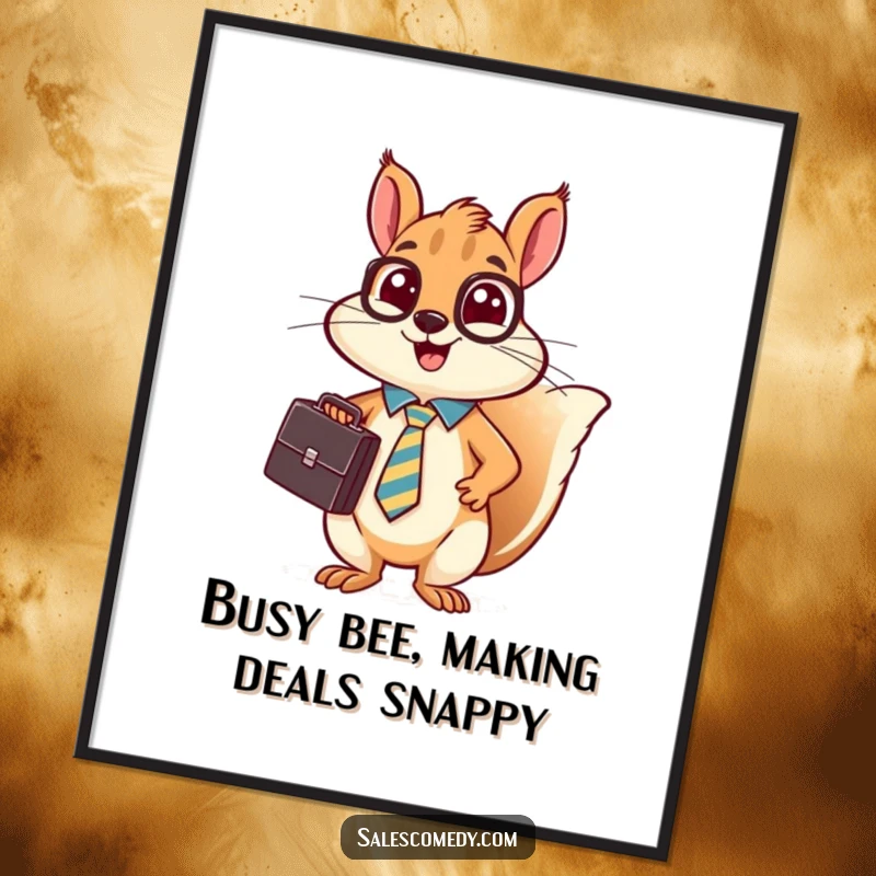Funny free printable wall art of a busy squirrel in a tie and holding a briefcase, enthusiastically making a sales pitch.