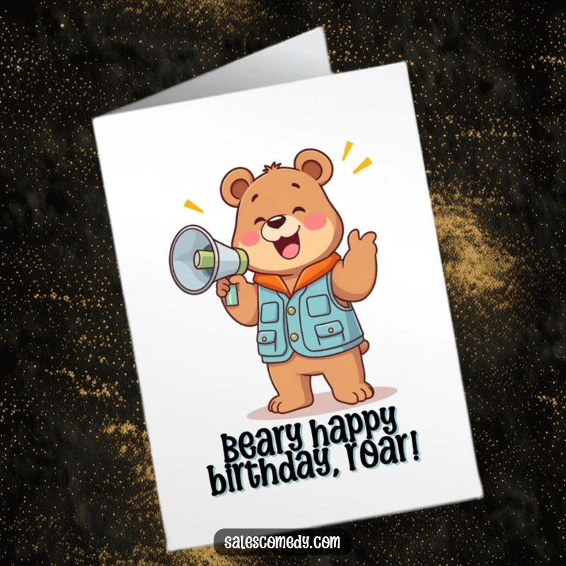 Funny free printable birthday card of a jolly bear in a sales vest, cheering loudly while holding a large megaphone.