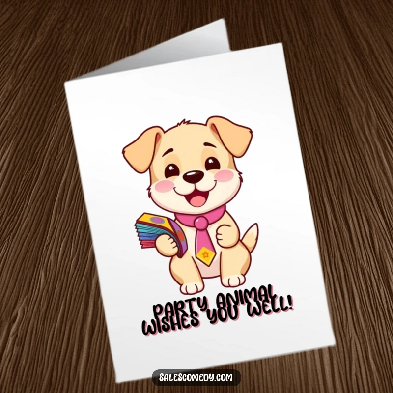 Funny Free Printable Birthday Card featuring a happy puppy in a tiny tie, proudly holding colorful flyers for a joyful celebration.