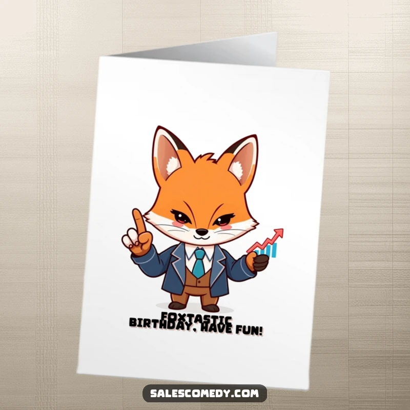 Funny free printable birthday card of a determined fox in a suit, pointing at a rising graph icon, symbolizing growth.
