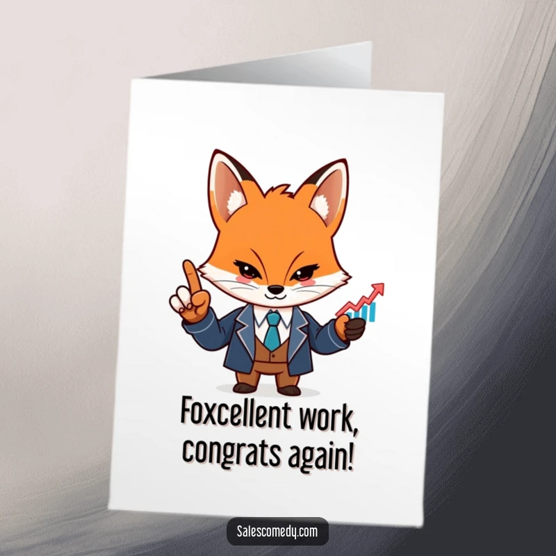 Funny free printable congratulations card featuring a determined fox in a suit pointing at an upward trending graph icon.