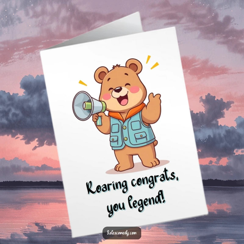 Funny free printable congratulations card of a happy bear in a sales vest, enthusiastically cheering with a large megaphone.