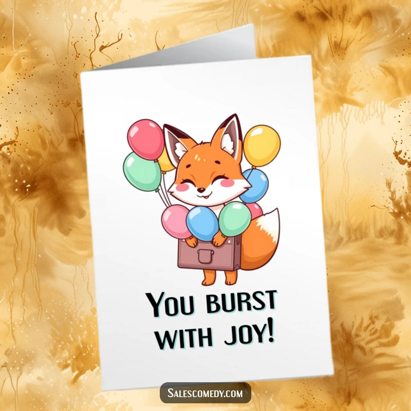 Funny Free Printable Fox Congratulations Card: Smiling fox with a briefcase bursting with colorful balloons signifies celebration.