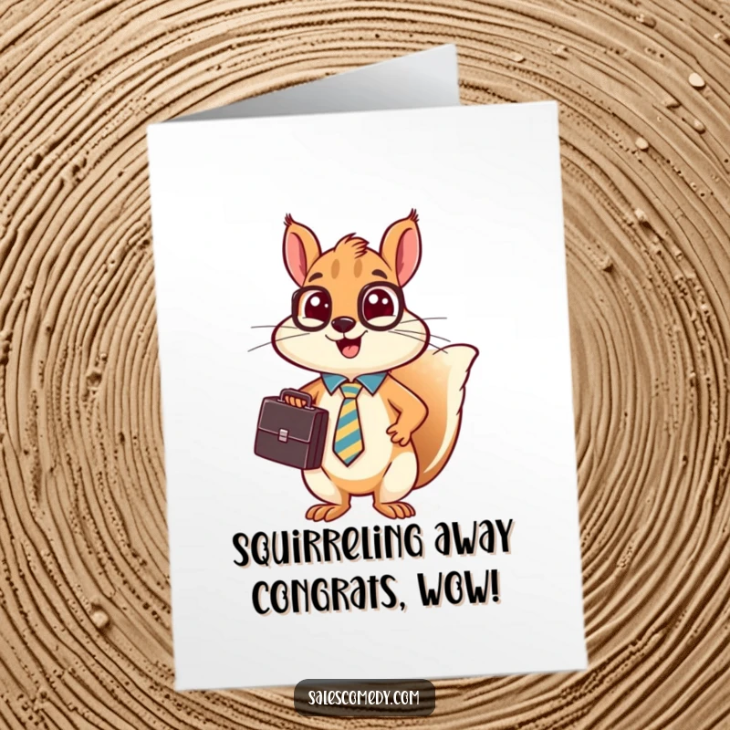 Funny free printable congratulations card showing a busy squirrel in a tie and briefcase, actively making a persuasive sales pitch.