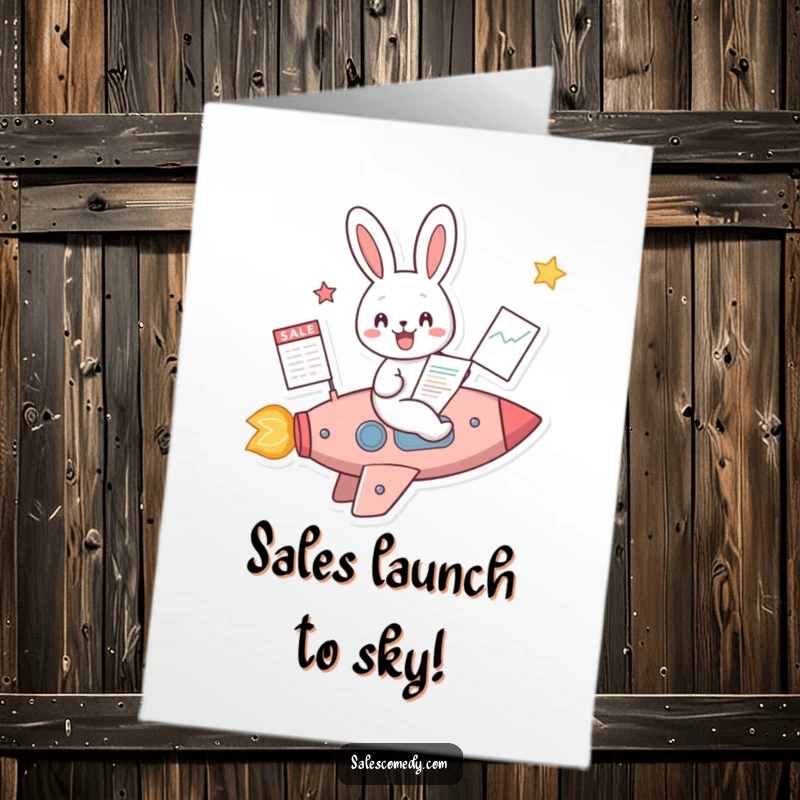Funny Free Printable Rabbit Rocket Congratulations Card: Cheerful rabbit on a rocket ship with a sales chart signifies career launch.
