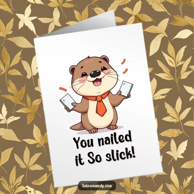 Free Printable Congratulations Card: A playful otter in a tie juggles sales charts, celebrating your impressive accomplishments with a big smile.