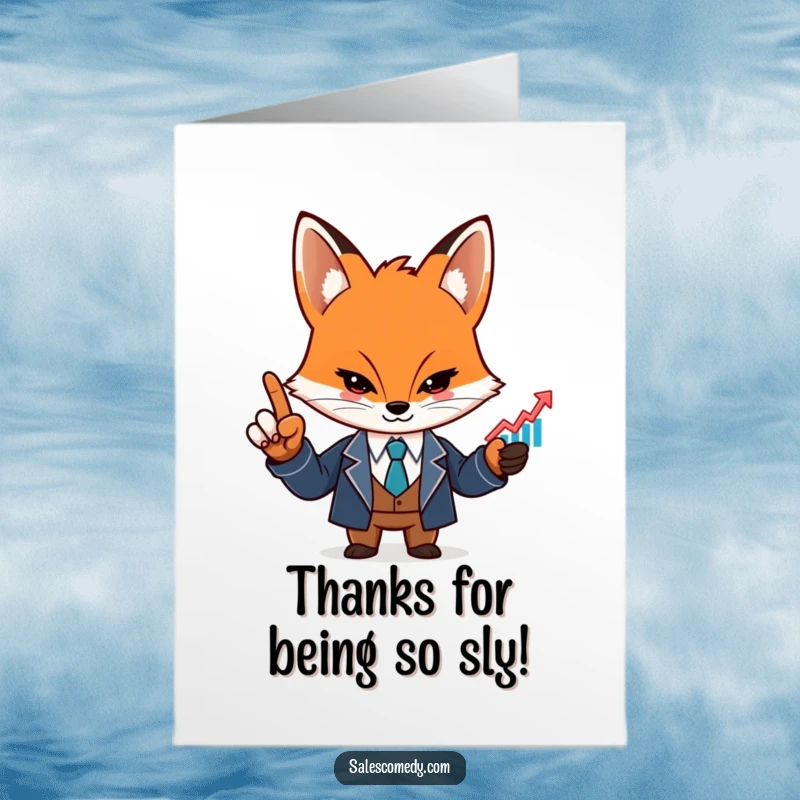Funny free printable thank you card of a determined fox in a suit, pointing at a rising graph icon, signifying progress.