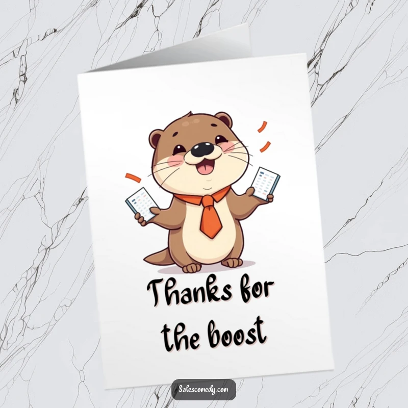 Free Printable Thank You Card: A smiling otter in a necktie juggles sales charts, offering a unique expression of deep gratitude.