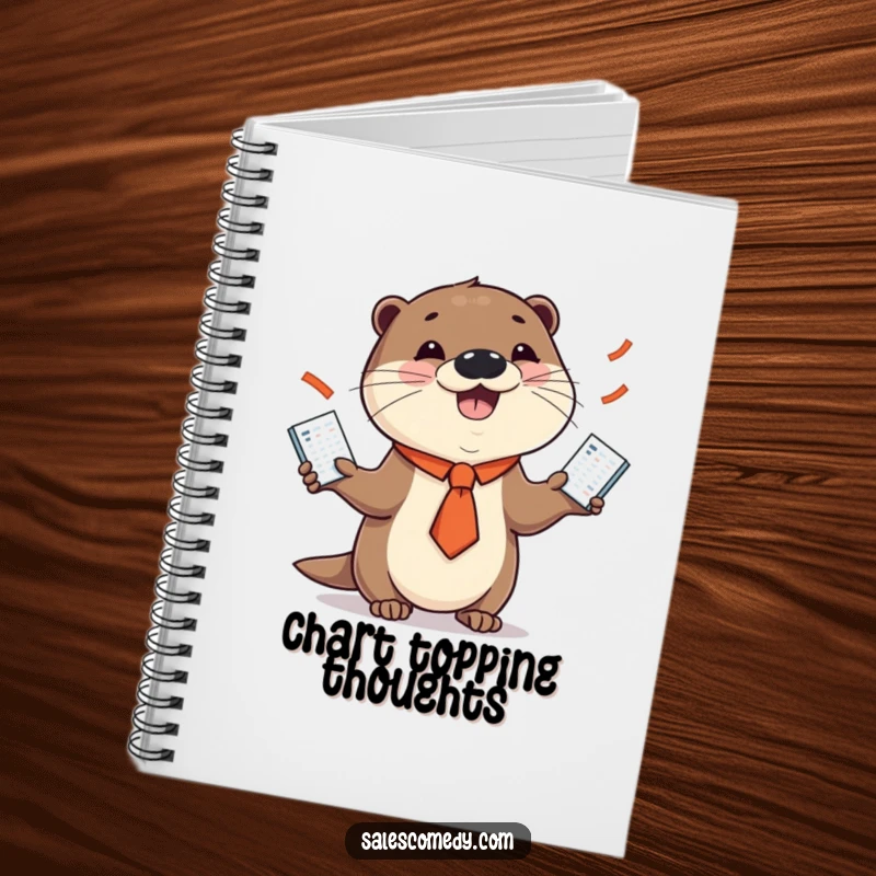 Funny notebook showcasing a smiling otter in a necktie juggling sales charts, perfect for jotting down business ideas with humor.