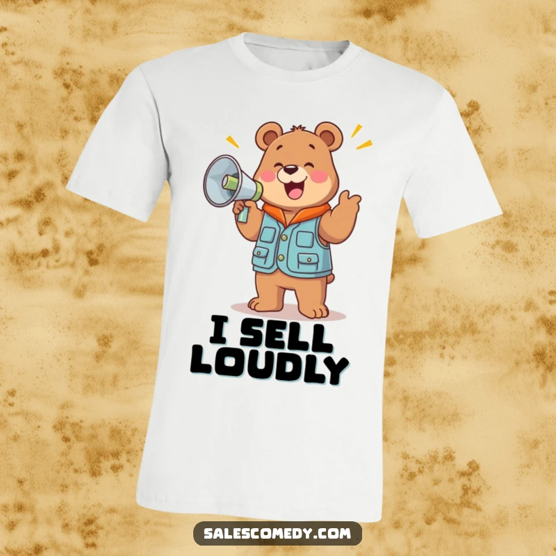 A funny, jolly bear wearing a sales vest holds a large megaphone and cheers enthusiastically, ready to make an announcement.