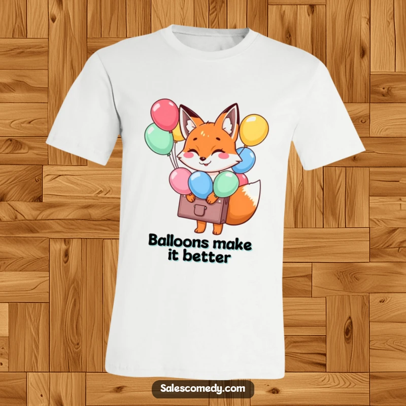Funny Fox Balloon Briefcase T-Shirt: A smiling fox with a balloon-filled briefcase, embodying fun and celebration, a wonderful funny gift.