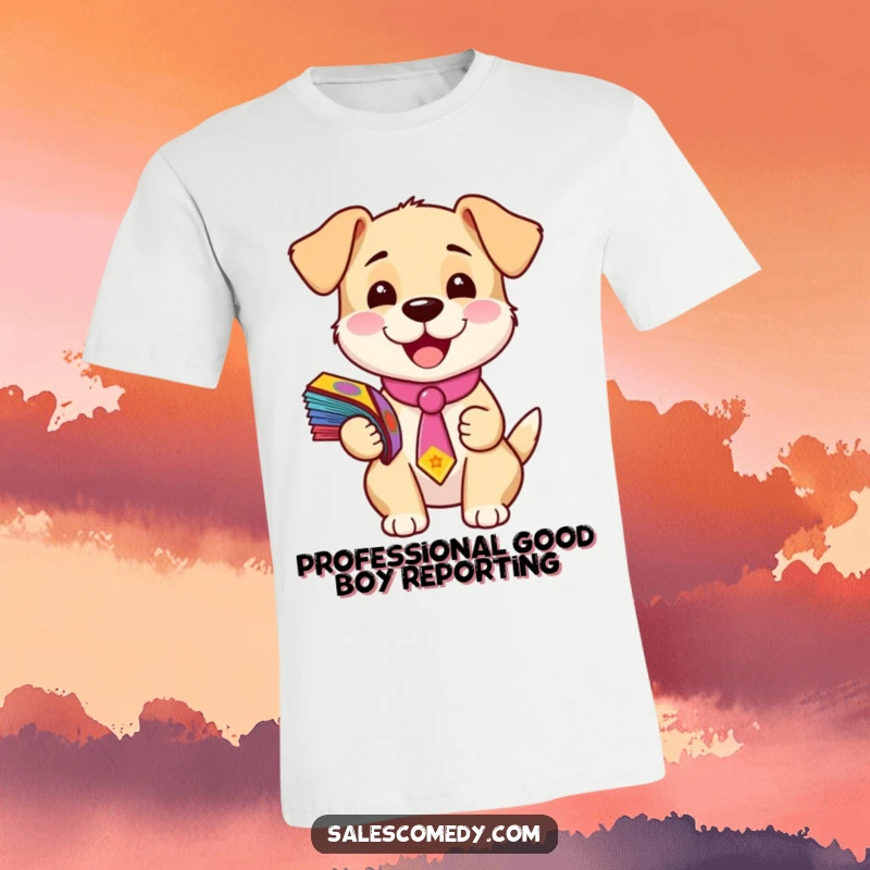 Funny t-shirt showcasing a cheerful puppy sporting a formal tie while clutching a pile of vibrant flyers, embodying office charm.