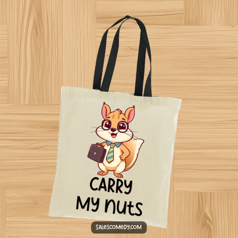 A funny, busy squirrel in a tie holds a briefcase and makes a sales pitch on this practical and humorous tote bag.
