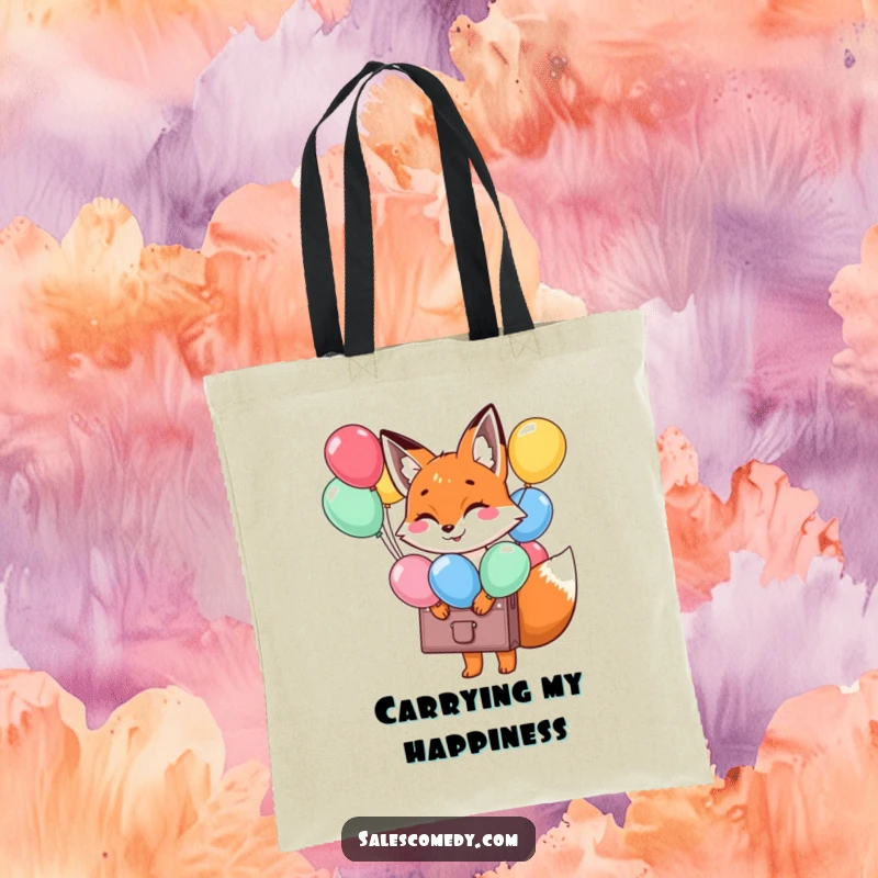 Funny Fox Balloon Briefcase Tote Bag: A smiling fox with a balloon briefcase, perfect for carrying joy and essentials, a funny gift.