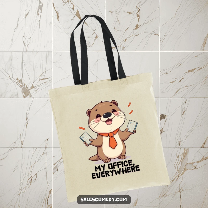 Funny tote bag showing a smiling otter in a necktie juggling several sales charts, blending business humor with everyday utility.